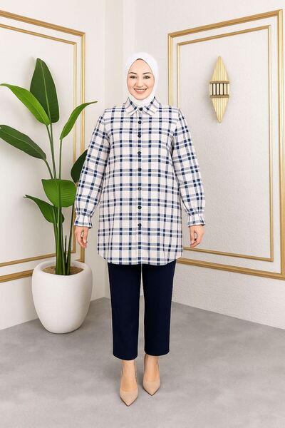sd butique Yumuşak Dokulu Ekose Desenli Düğmeli Tunik - Rahat Kalıp, Günlük v...