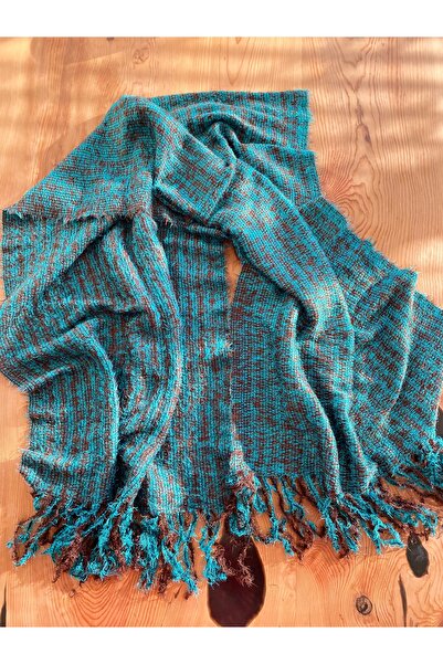 Bohemian Turkuaz Triko Püsküllü Atkı Şal