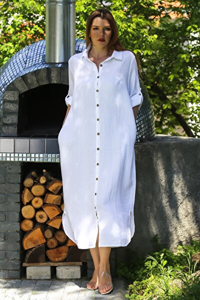 Chiccy Λευκό πουκάμισο με γιακά με κουμπιά μακρυμάνικο με κρυφή τσέπη Casual Muslin Long Oversize υφαντό φόρεμα 135 68