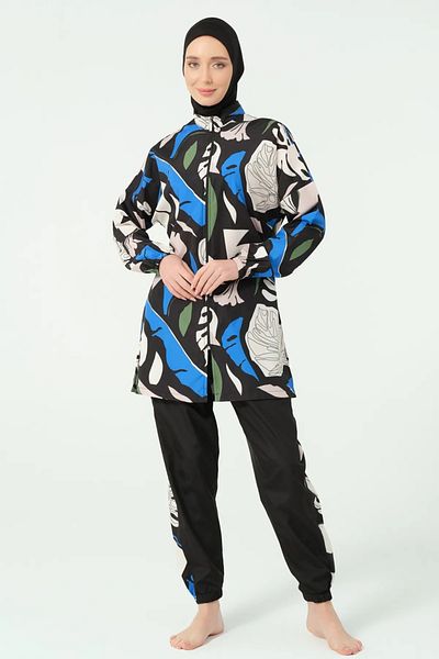 Bordomix 25288 Women's Black Blue Floral Stylish Hijab Swimsuit