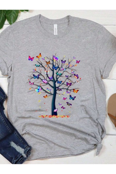 PALPİTO Tricou oversize cu imprimeu cu copac fluture gri pentru femei