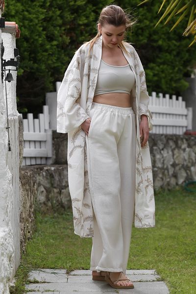 Chiccy Embroidered Wide Leg Casual Woven Bottom Top Set 125-100 70-65