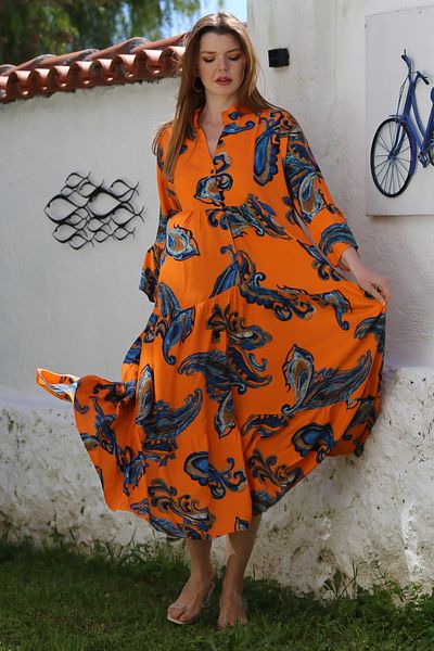 Chiccy Orange V-Neck Ruffle Sleeve Paisley Pattern Button Skirt Ruffle Casual Viscose Woven Dress 135 60