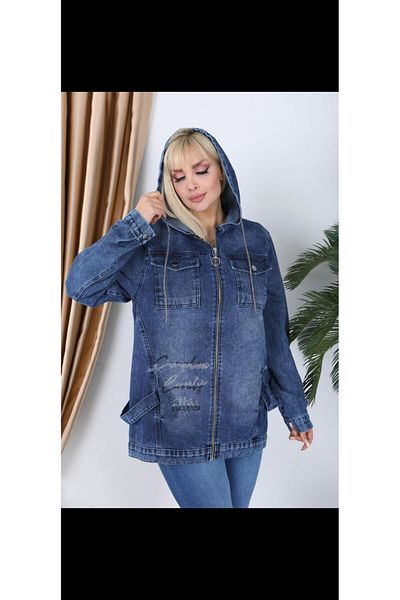 KEJAN TEKSTİL Jachetă oversize din denim cu glugă cu detalii în piatră