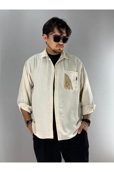 MARESHAL Embroidery Straw Pocket Detailed Oversize Shirt-Beige