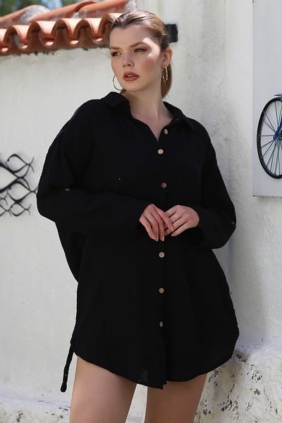 Chiccy Cămașă neagră, guler, cu nasturi, mânecă lungă, cu pliuri laterale, ocazional, muselină, țesută supradimensionată, 90 68
