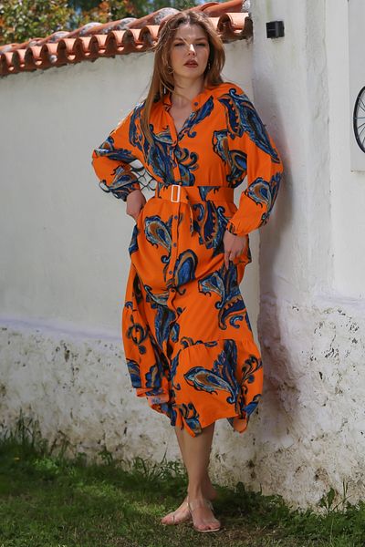 Chiccy Orange Judge Collar Balloon Sleeve Shawl Decorated Button Skirt with Ruffled Belt Casual Woven Dress 145 65