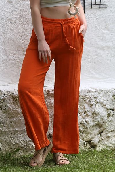 Chiccy Orange Pocket Dirty Stitched Elastic Waist Wide Leg Casual Muslin Woven Trousers 118 65