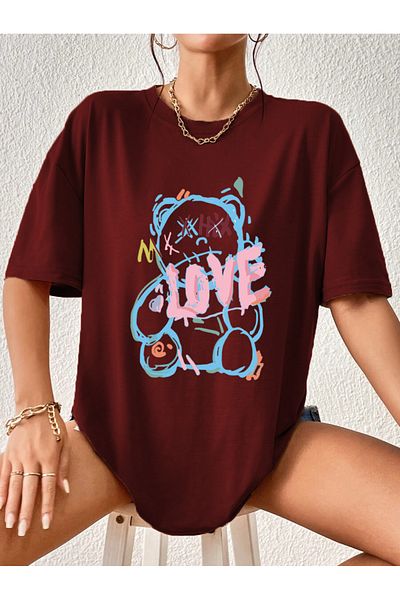 Modern Moda Love Bear Printed Oversize Cotton Tshirt,Trend Fashion T-Shirt