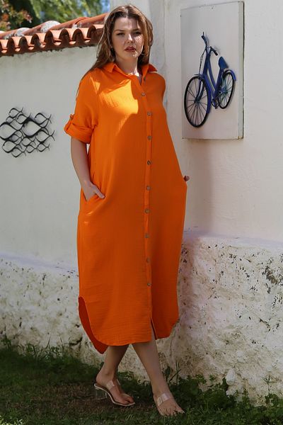 Chiccy Orange Shirt Collar Buttoned Long Sleeve Hidden Pocket Casual Muslin Long Oversize Woven Dress 135 68