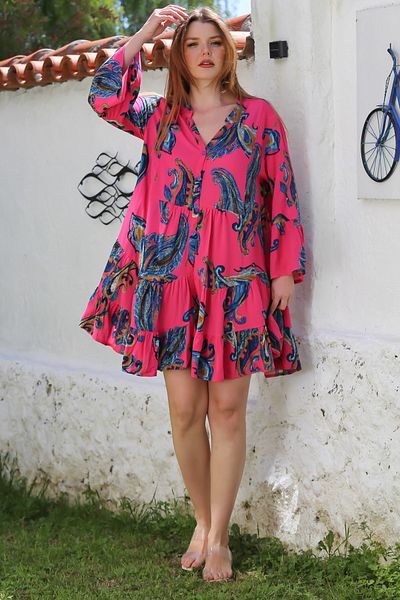 Chiccy Fucsia decolteu în V cu mâneci cu volan, cu imprimeu șal, cu nasturi, cu volane, ocazională, rochie țesătă din viscoză 95 60