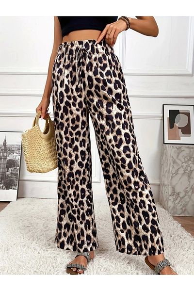 BAYAN Women's high waist elastic waist lace up leopard print supreme pants