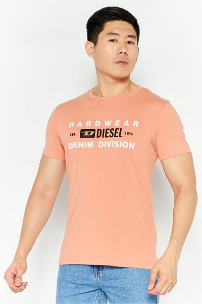 Diesel Men Crew Neck Short Sleeve Graphic Print T-Shirt, Peach Combo
