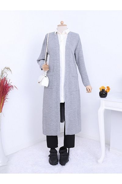 HİJABAYA Long Knitted Cardigan with Ribbed Pockets and Slits