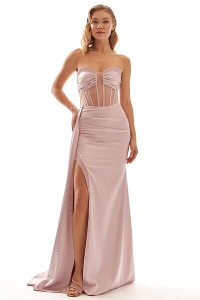 Elbisemhazır Straplez Transparan Korse Detaylı Yırtmaçlı Kadın Saten Abiye El...