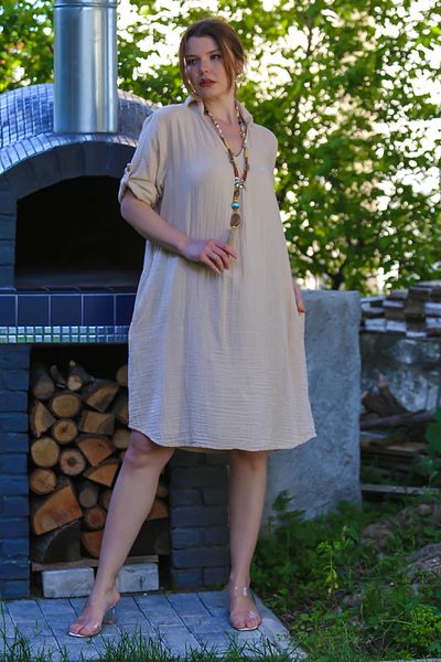 Chiccy Dark Beige Shirt Collar Buttoned 3/4 Sleeve Pocket Casual Muslin Woven Dress 105 65