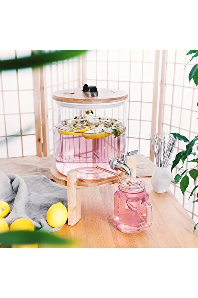 Navaris 5 Litre Cam İçecek Sebili - Musluk Kapaklı ve Bambu Standlı Sıcak ve ...