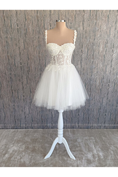 Lenta Moda Beyaz Simli Üç Boyutlu Yaprak Desen Mini Parti ve Nikah Elbisesi