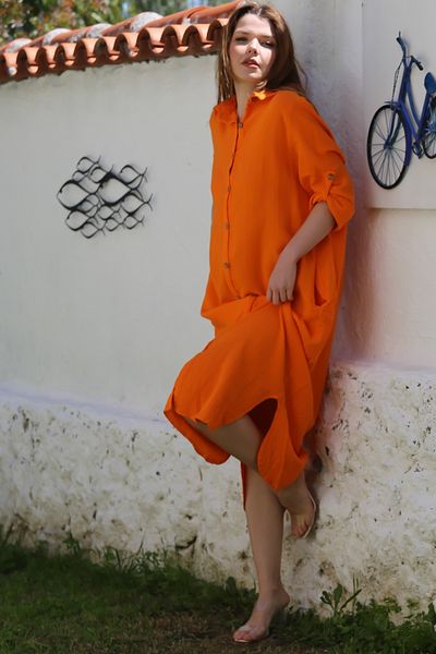 Chiccy Orange Shirt Collar Buttoned Long Sleeve Hidden Pocket Casual Muslin Long Oversize Woven Dress 135 68