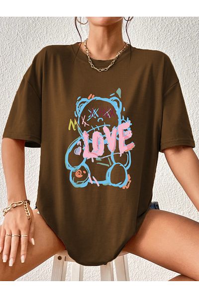 Modern Moda Love Bear Printed Oversize Cotton Tshirt,Trend Fashion T-Shirt