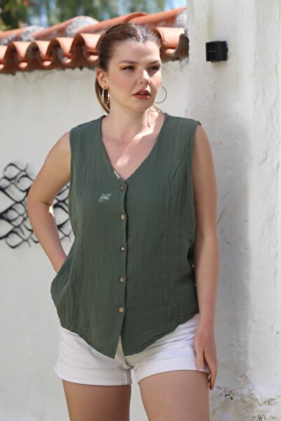 Chiccy Dark Green V-Neck Sleeveless Button Casual Muslin Woven Blouse 70 60