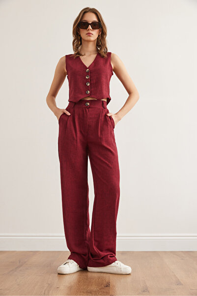 Olalook Women's Burgundy Top Vest Bottom Pocket Trousers Linen Look Suit Tkm- 19000359