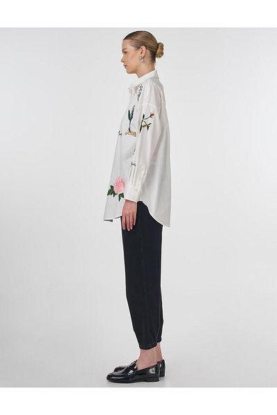 Kayra Embroidery and Slogan Embroidered Poplin Tunic Ecru-21146