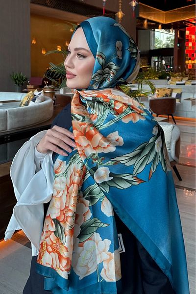 Merve Nayir Lina Flower Pattern Imported Wide Double-Sided Voile Silk Shawl
