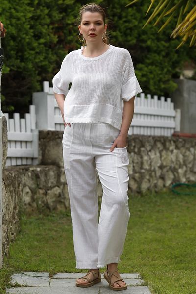 Chiccy White Round Neck Short Sleeve Pocket Mesh Detailed Linen Look Woven Bottom Top Set 56-100 65-63