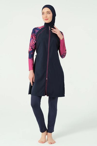 Bordomix 25417 Women's Navy Blue Sleeve Patterned Zipper Closure Hijab Swimsuit