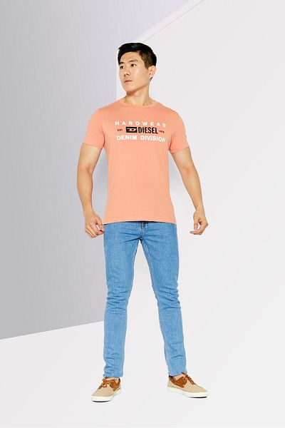 Diesel Men Crew Neck Short Sleeve Graphic Print T-Shirt, Peach Combo