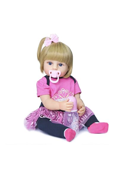 OEM Păpușă realistă, prințesă, păr blond scurt, 55 cm, vinil/silicon, Mbong®, roz/negru