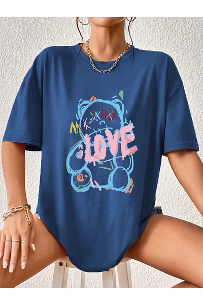 Modern Moda Love Bear Printed Oversize Cotton Tshirt,Trend Fashion T-Shirt