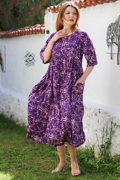 Chiccy Purple Round Neck Short Sleeve Floral Button Double Pocket Allover Printed Woven Dress 120 55