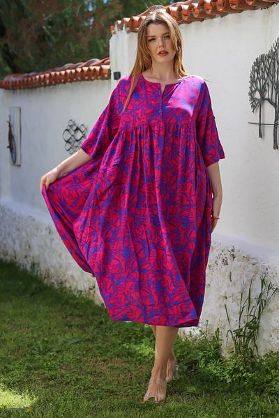 Chiccy Fuchsia Round Neck Short Sleeve Floral Button Double Pocket Allover Printed Woven Dress 120 55