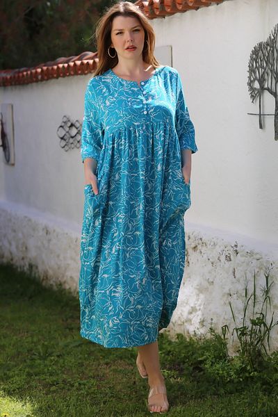 Chiccy Turquoise Round Neck Short Sleeve Floral Button Double Pocket Allover Printed Woven Dress 120 55