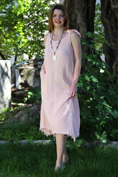 Chiccy Pastel Pink V-Neck Strap Tie Pocket Dirty Stitching Casual Muslin Asymmetric Woven Dress 115 55
