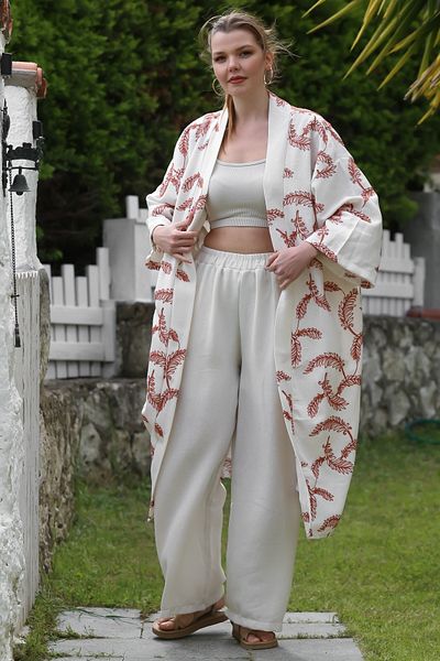 Chiccy Beige-Brown Striped Kimono Collar 3/4 Sleeve Embroidered Wide Leg Casual Woven Bottom Top Set 125-100 70-65