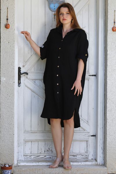 Chiccy Black Shirt Collar Buttoned Long Sleeve Casual Muslin Woven Dress with Hidden Pocket 115 68