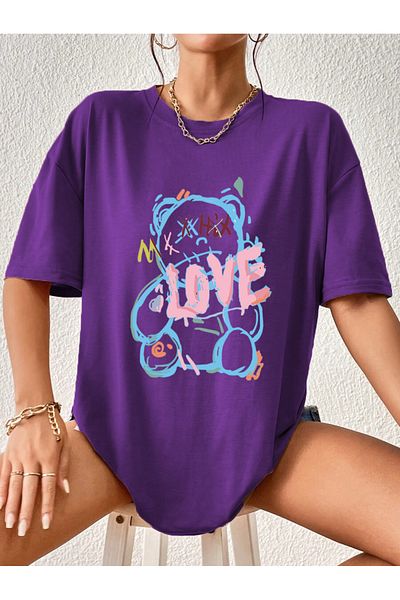 Modern Moda Love Bear Printed Oversize Cotton Tshirt,Trend Fashion T-Shirt