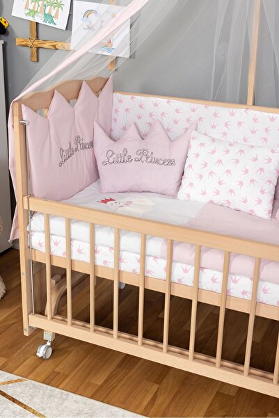 Bamgidoo Ahşap Beşik Anne Yanı Beşik Organik (BOYASIZ) 60x120 - Pembe Prenses Uyku Seti Yatak Tekerlekli