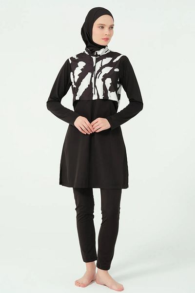 Bordomix 25348 Women's Black Patterned Crop Look Hijab Swimsuit