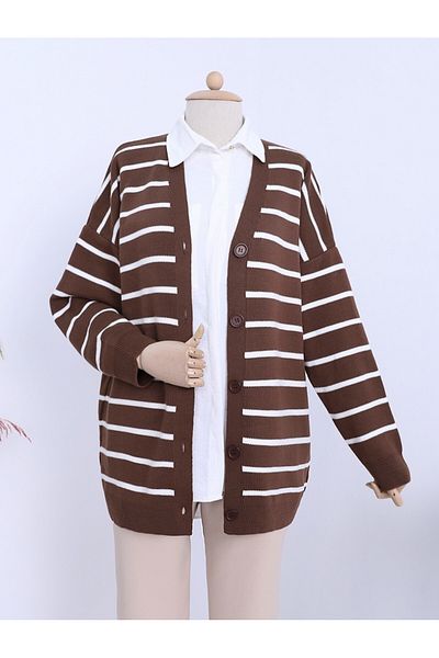 HİJABAYA Striped Buttoned V-Neck Knitwear Cardigan