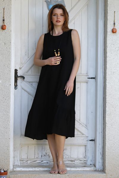 Chiccy Black Round Neck Sleeveless Floral Skirt Ruffled Casual Viscose Woven Dress 115 58