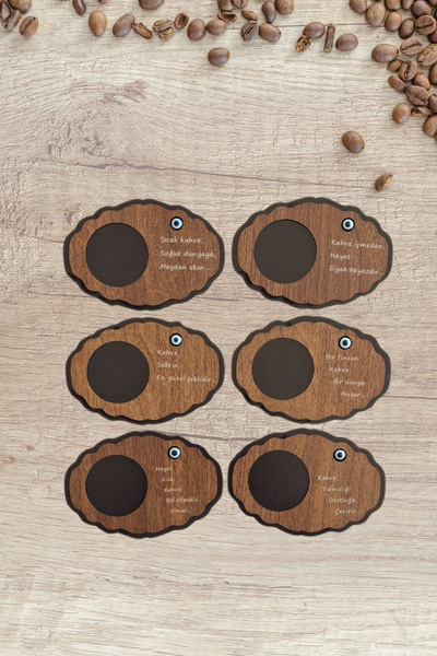 Kutaydan 6 Pieces Wooden Laser Cut Cups and Coffee Coasters with Evil Eye Beads
