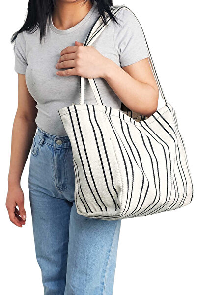 Woys Bags Geantă de plajă țesută cu model cu dungi negre Woys