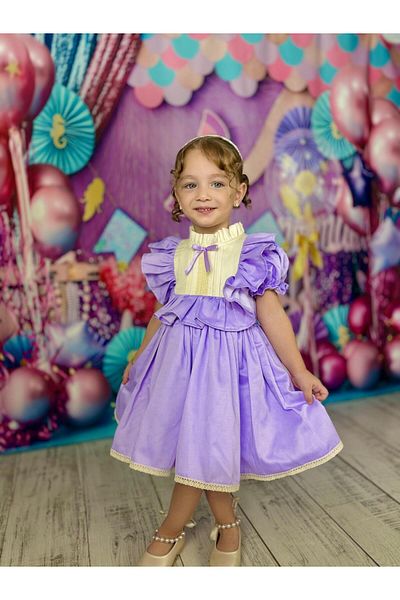 Hly Karol Tasarım Vintage Baby Girl Dress with Laurel Lilac Bow, Birthday Dress, Photo Shoot Dress, Suitable for 0-7 Years Old