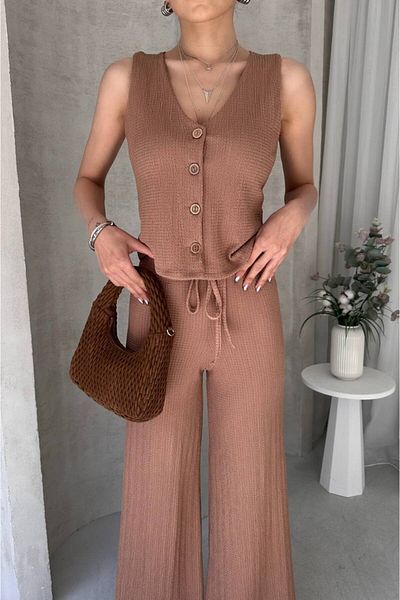 DENİKK Df2190 Women's Two-Piece Set with High Waist Casual Pants and Sleeveless Vest