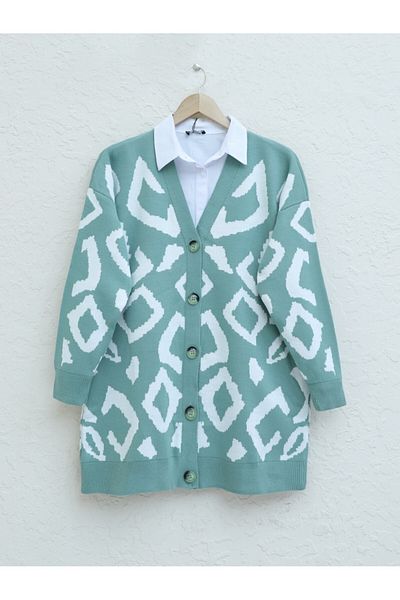 HİJABAYA Buttoned Patterned V-Neck Knitwear Cardigan