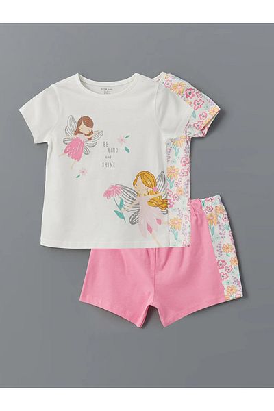 LC Waikiki LCW baby Ecru Crewneck Baby Girl Shorts Set pijamale 2 buc